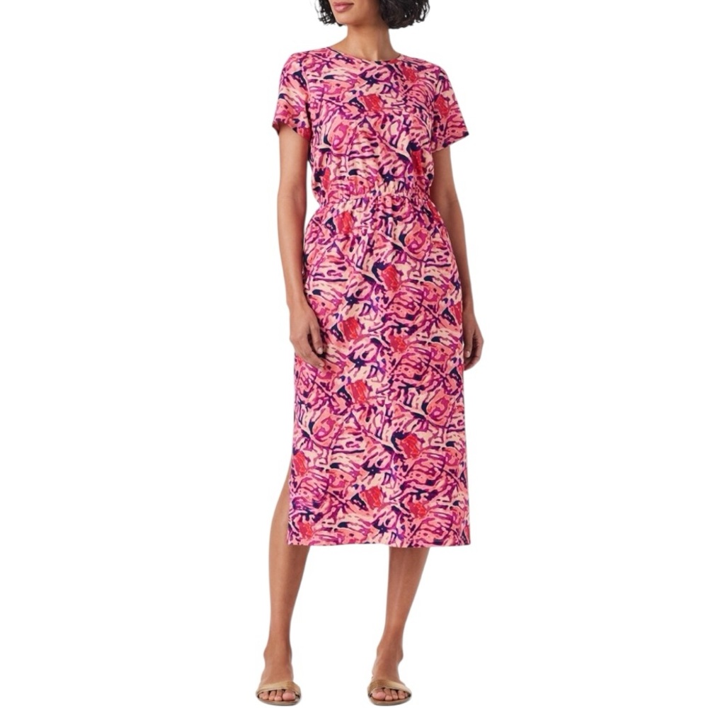 NIC+ZOE Blurred Floral Cotton Midi-Dress pink multi in Size Large